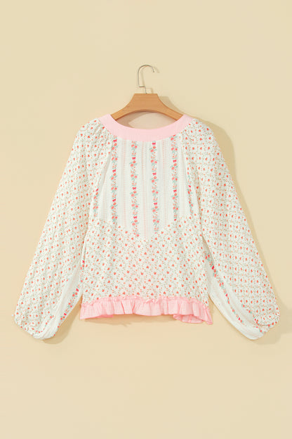 Beige Floral Print Color Block Trim Lace-up V Neck Long Sleeve Blouse