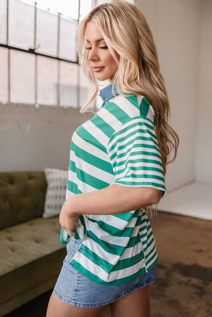 Green Stripe Colorblock Collar Half Buttons T Shirt