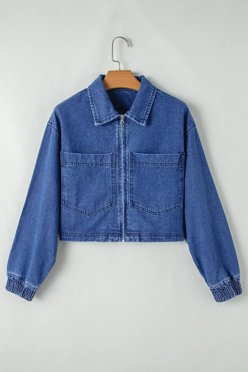 Sail Blue Large Side Pockets Zip-up Denim Jacket - Chic Meadow Boutique 