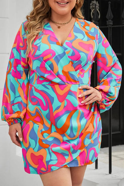 Plus Size/Plus Size Dresses/Plus Size Mini Dresses Multicolor Plus Size Abstract Print Pleated Surplice Long Sleeve Dress