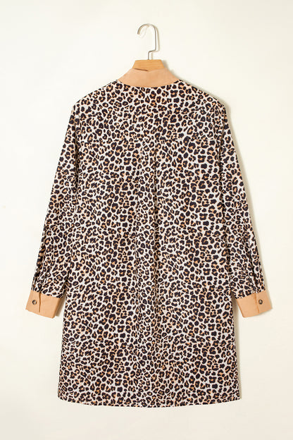 Khaki Button Striped Collar Leopard Print Long Sleeve Flared Dress