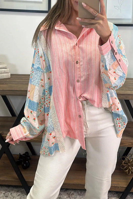 Pink Stripe Floral Patchwork Tunic Loose Fit Shirt - Chic Meadow Boutique 