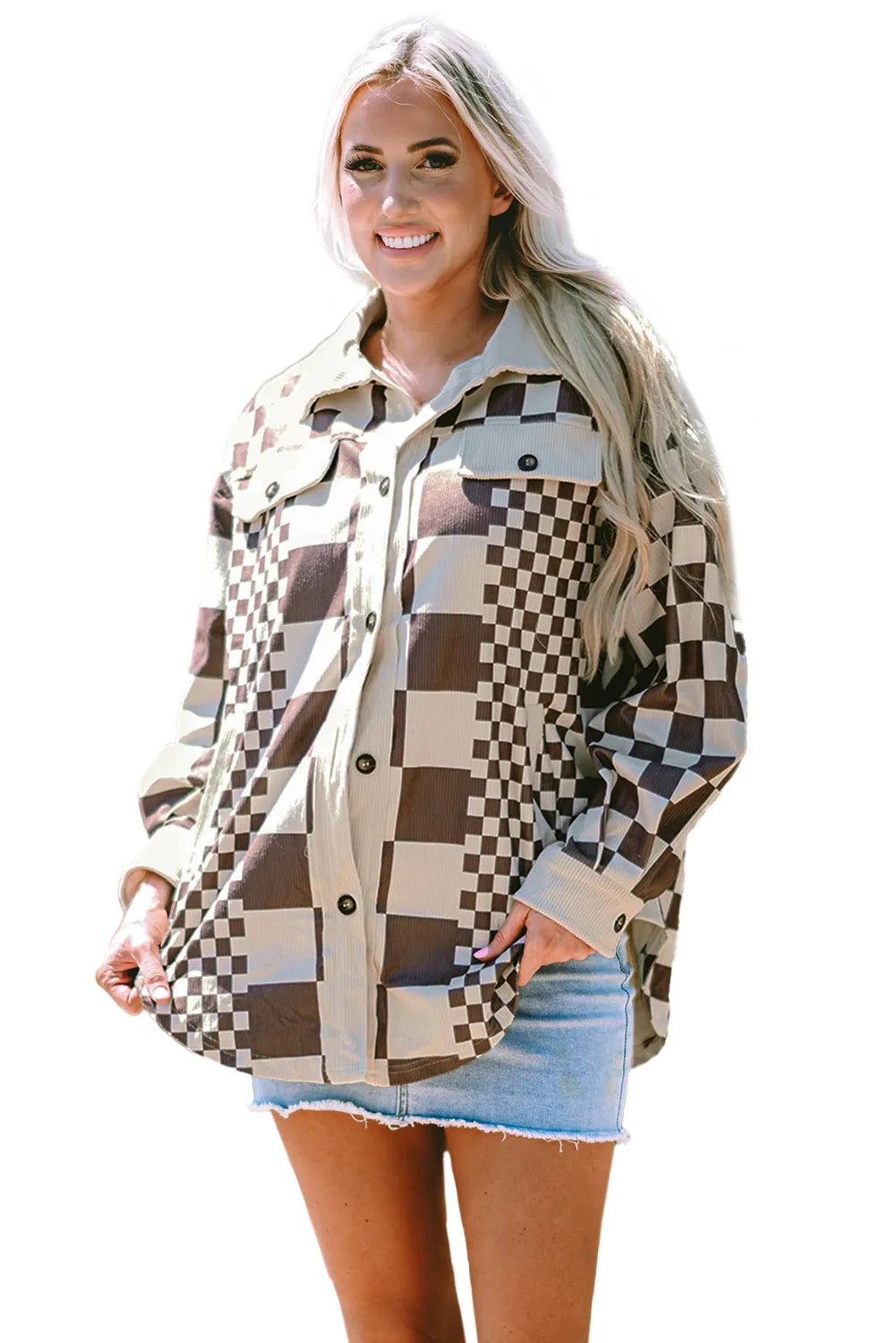 Brown Checkered Print Patchwork Corduroy Shacket - Chic Meadow Boutique 