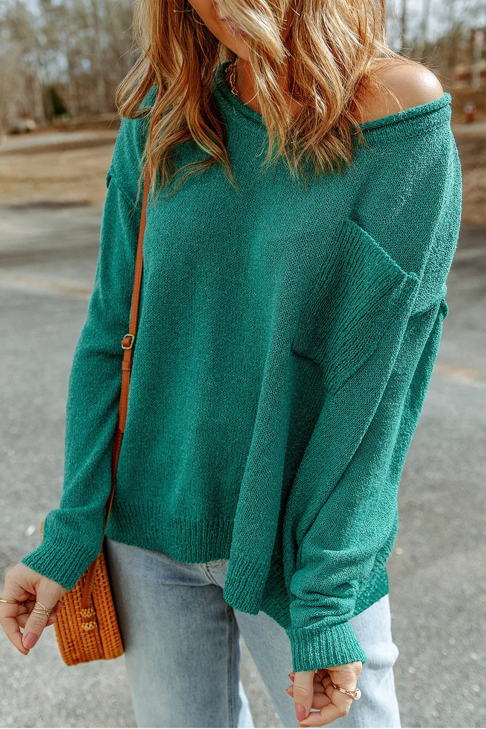 Green Solid Color Off Shoulder Rib Knit Sweater with Pocket - Chic Meadow Boutique 