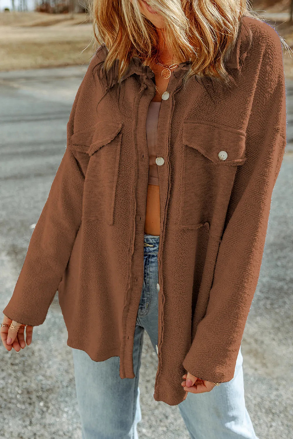 Brown Contrast Flap Pockets Relaxed Shacket - Chic Meadow Boutique 