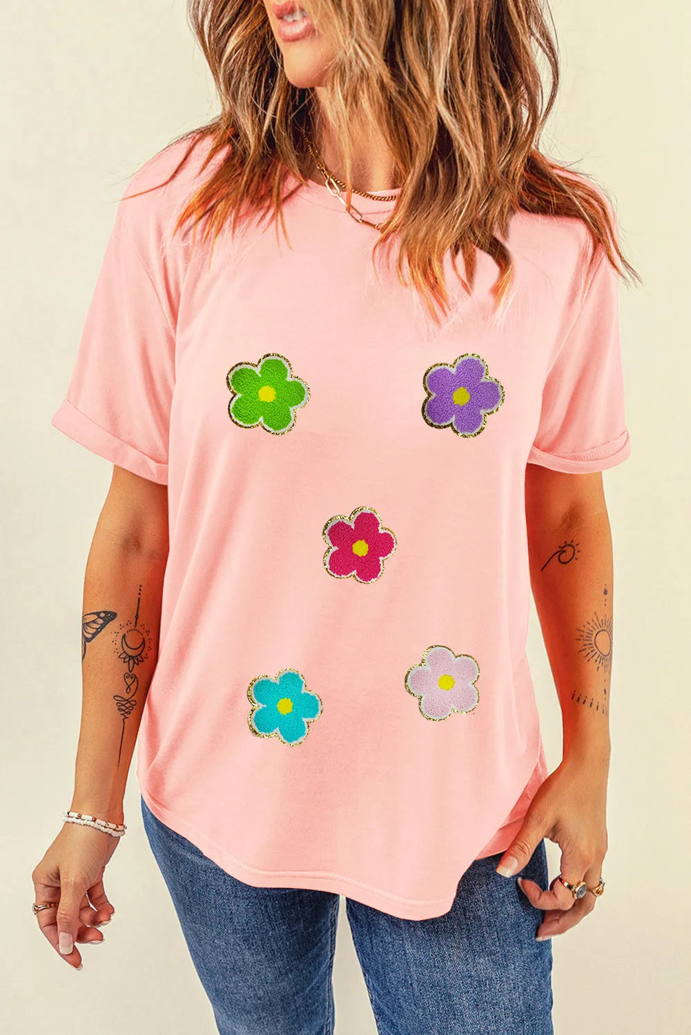 Pink Glittering Chenille Flower Patched Pattern Crewneck T Shirt - Chic Meadow Boutique 