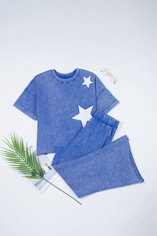 Ashleigh Blue Acid Wash Star Patched Rolled Trim Pants Set