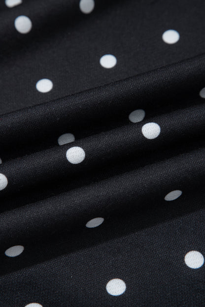 Black Polka Dot Print Metal Button Collar Casual Pullover Sweatshirt