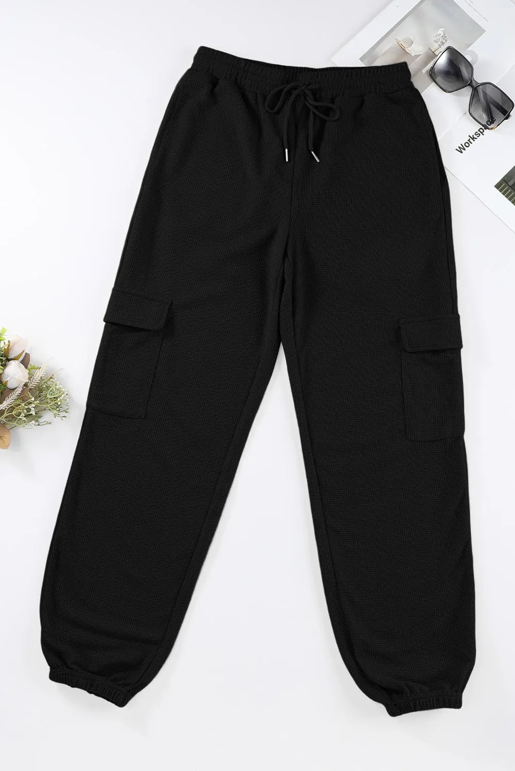 Black Waffle Texture Cargo Pocket Jogger Pants - Chic Meadow Boutique 