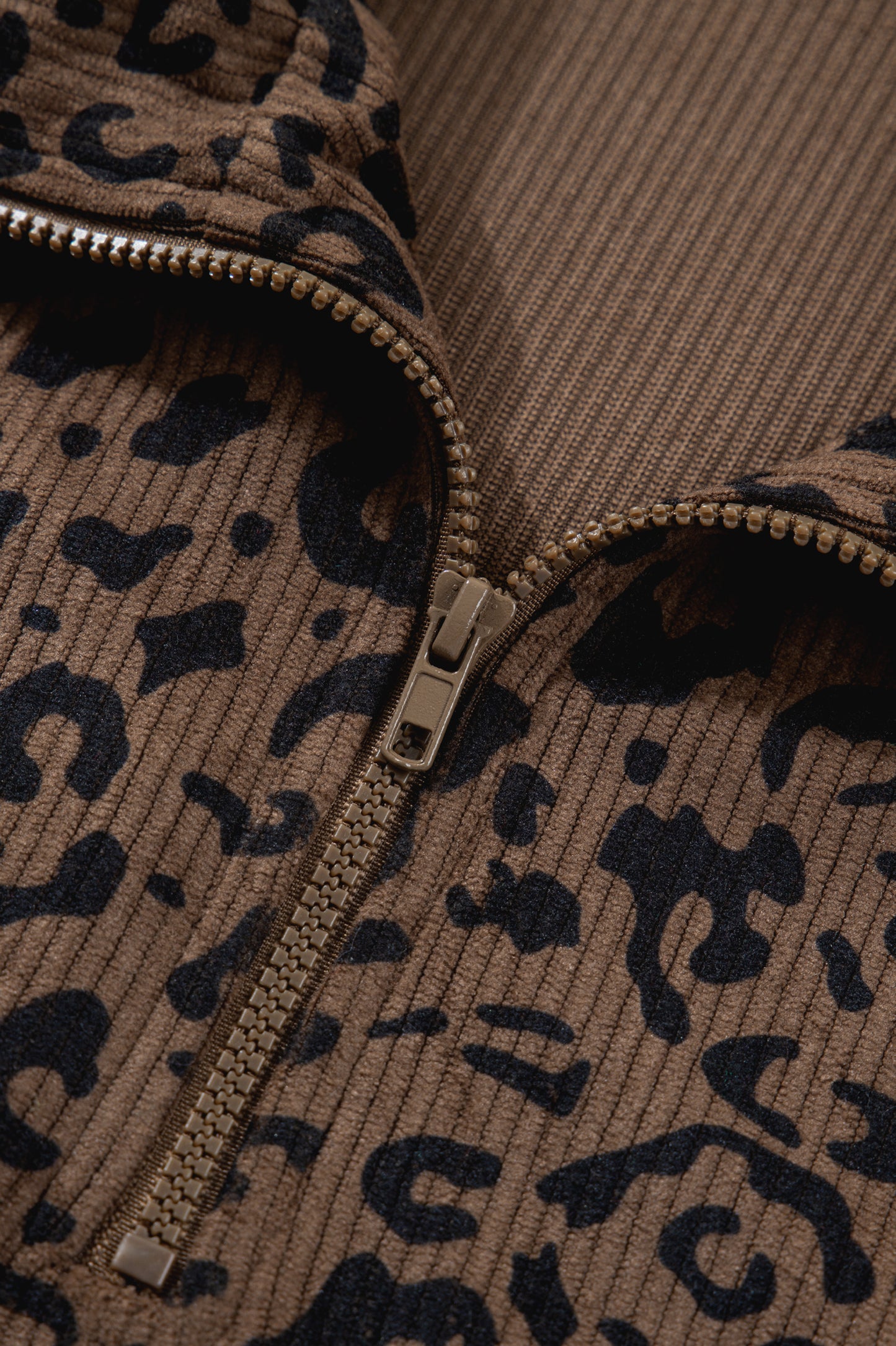 Brown Leopard Print Quarter Zip Corduroy Sweatshirt