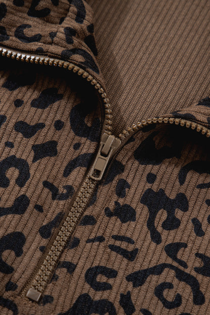 Brown Leopard Print Quarter Zip Corduroy Sweatshirt