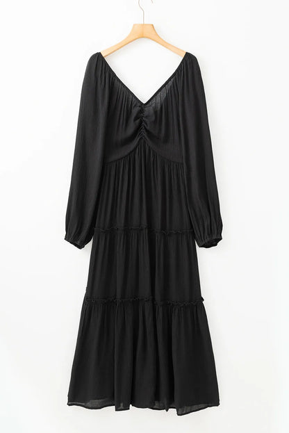 Black V Neck Bowknot Cutout Frill Tiered Maxi Dress - Chic Meadow Boutique 