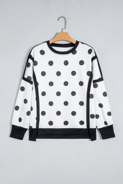 White Polka Dot Contrast Patchwork Round Neck Baggy Sweatshirt