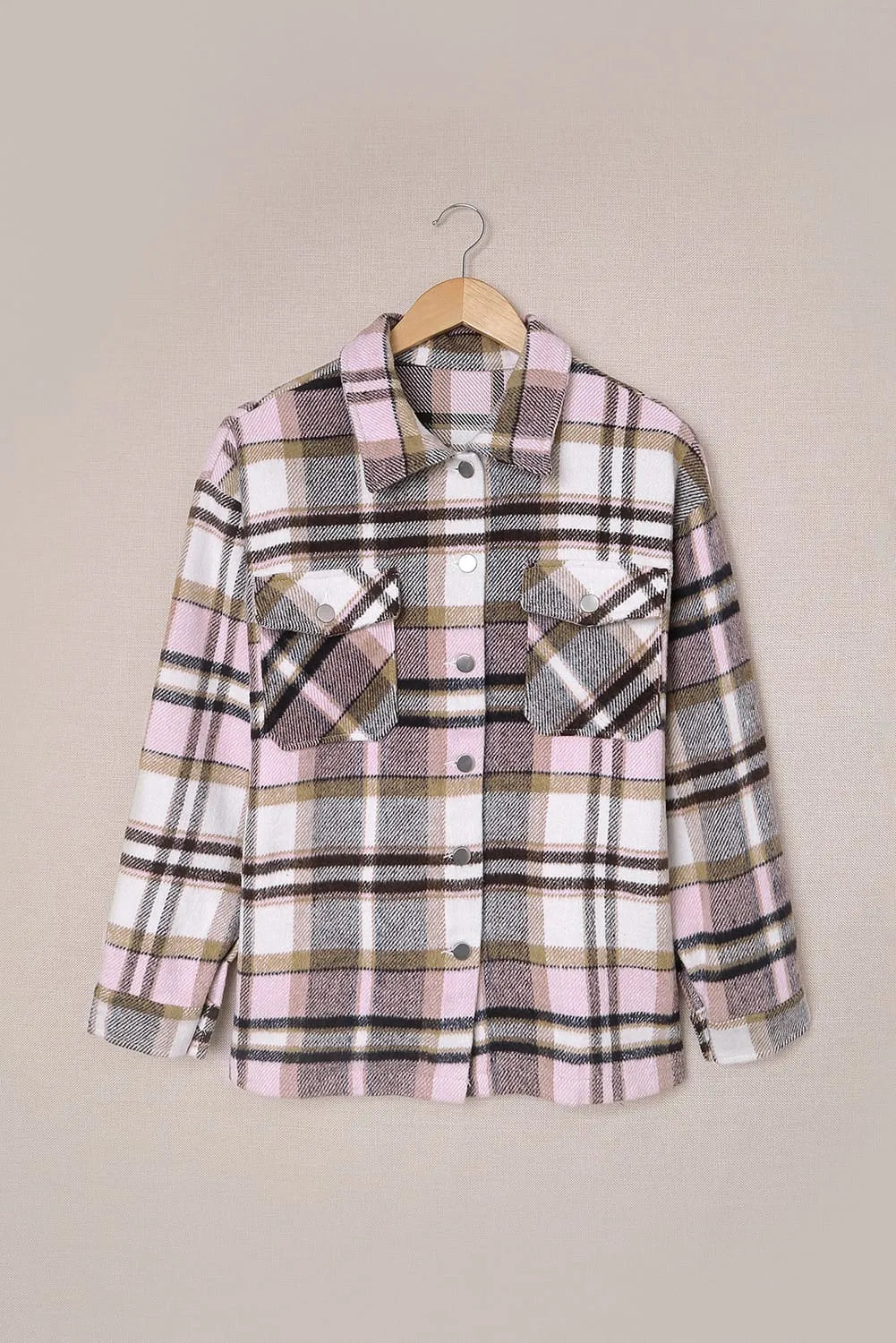 Pink Geometric Plaid Print Pocketed Shacket - Chic Meadow Boutique 