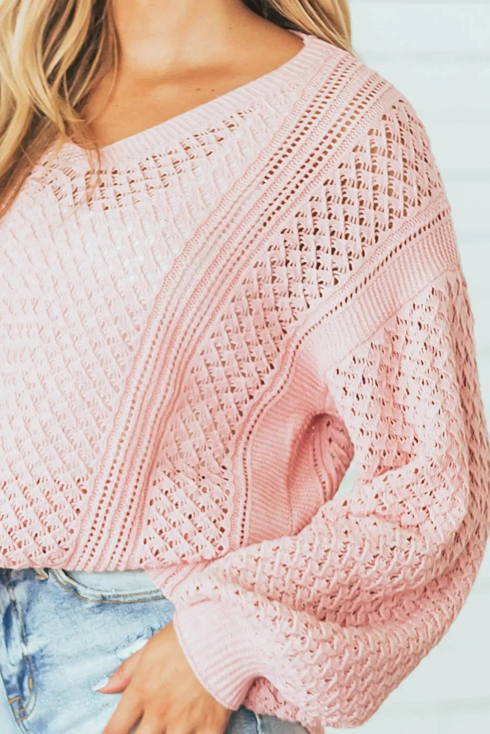 Pink Loose Pointelle Knit Ribbed V Neck Sweater - Chic Meadow Boutique 