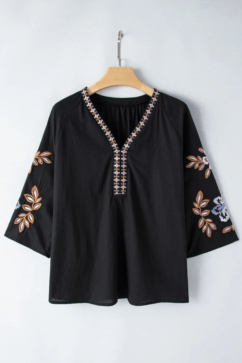 Black Bohemian Floral Embroidered V Neck Blouse - Chic Meadow Boutique 