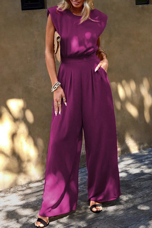 Rose Red Padded Shoulder Slant Pocket Wide Leg Jumpsuit - Chic Meadow Boutique 