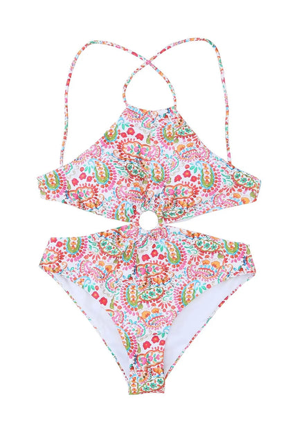 Multicolor Floral Print O-ring Lace-up Backless One Piece Swimsuit - Chic Meadow Boutique 