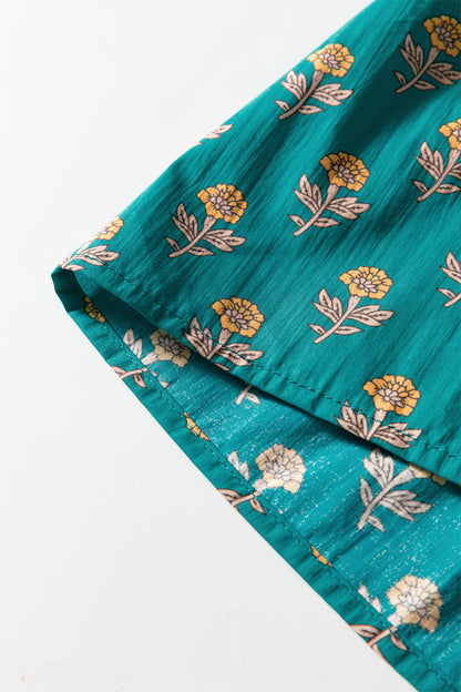 Green Contrast Trim V Neck Short Sleeve Floral Dress