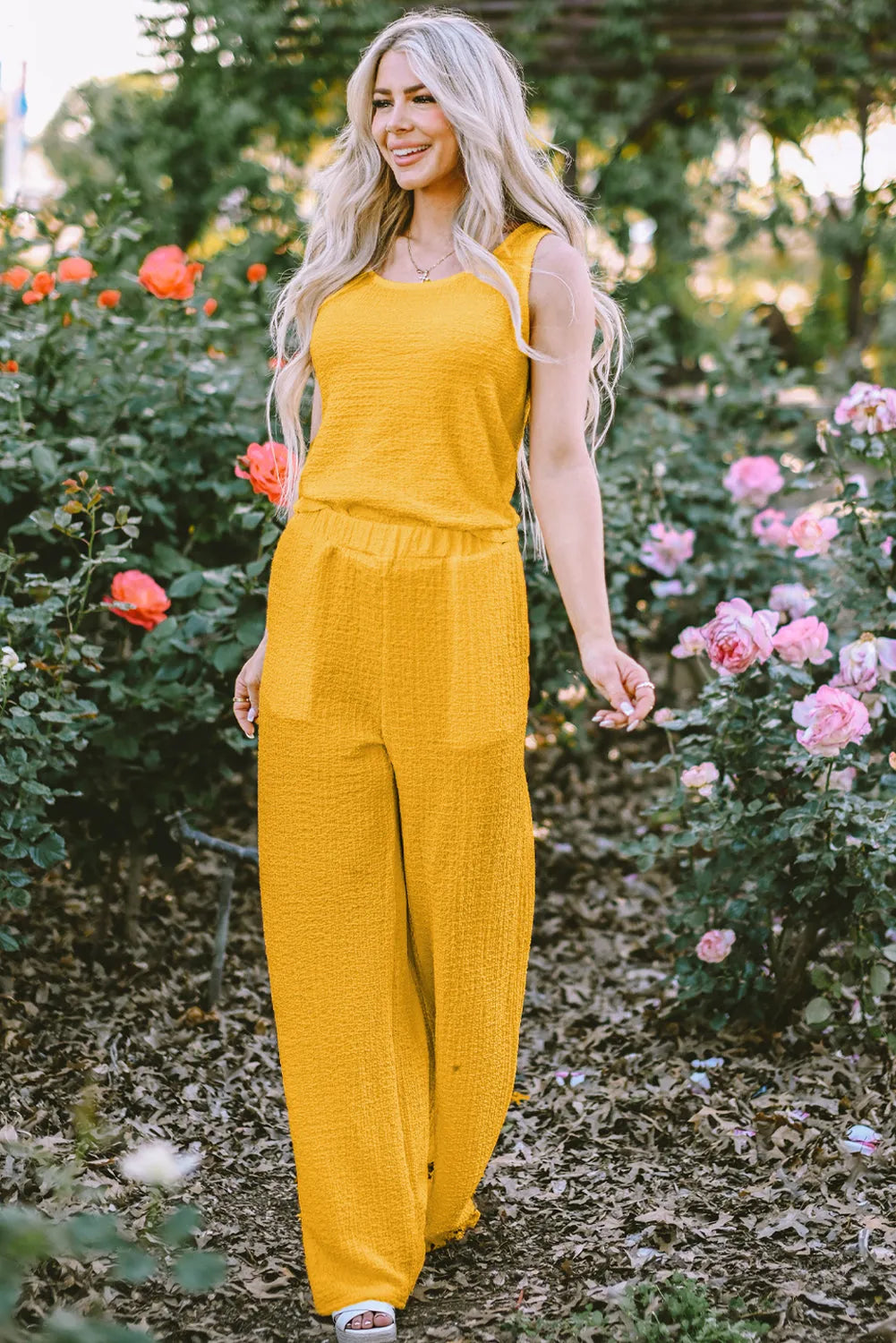 Yellow Crinkled U Neck Tank Top and Wide Leg Pants Set - Chic Meadow Boutique 