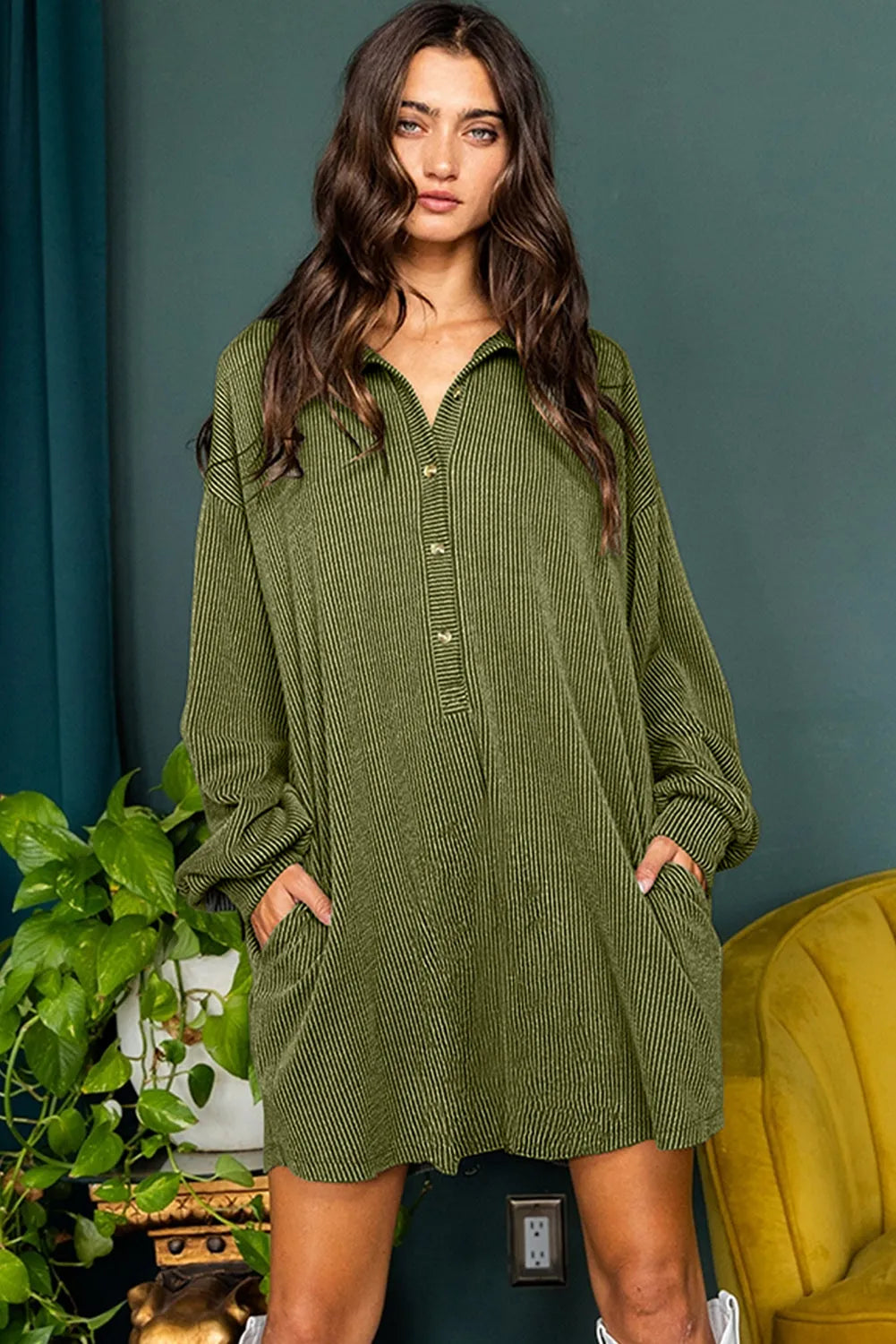 Moss Green Corded Buttons Placket Drop Shoulder Collared Shift Dress - Chic Meadow Boutique 