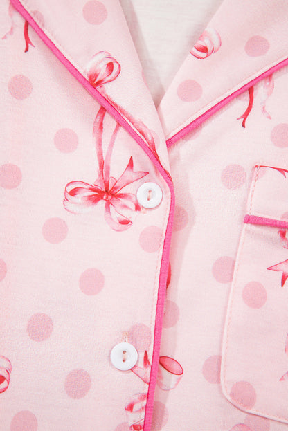 Pink Bow Print Contrast Pipping Short Pajamas Set