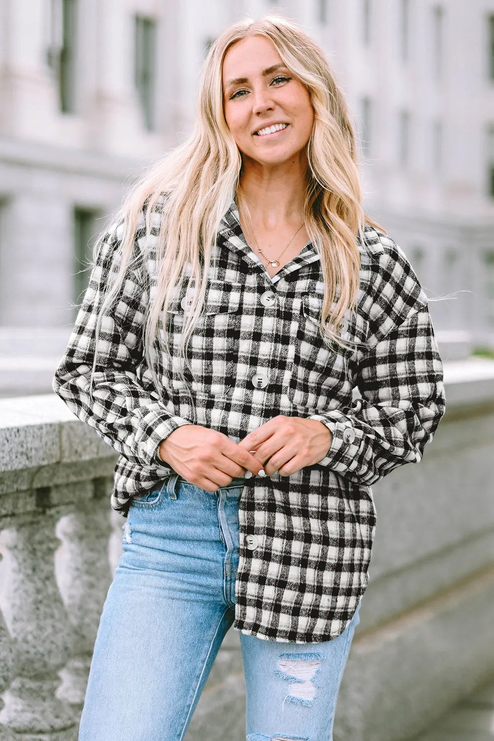 Black Plaid Print Chest Pockets Buttoned Tunic Shacket - Chic Meadow Boutique 