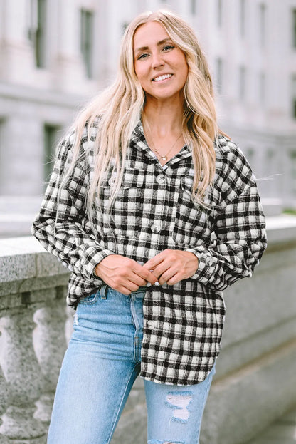 Black Plaid Print Chest Pockets Buttoned Tunic Shacket - Chic Meadow Boutique 