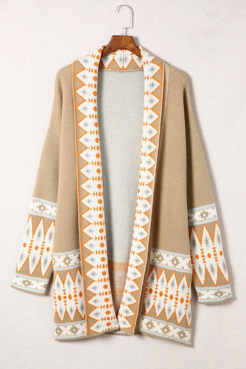 Khaki Aztec Print Open Front Knitted Cardigan | Chic Meadow – Chic