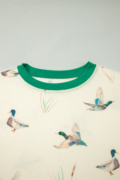 Beige Mallard Printed Colorblock Trim Short Set