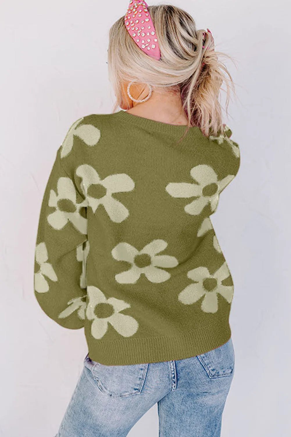 Spinach Green Big Flower Knit Ribbed Trim Sweater - Chic Meadow Boutique 