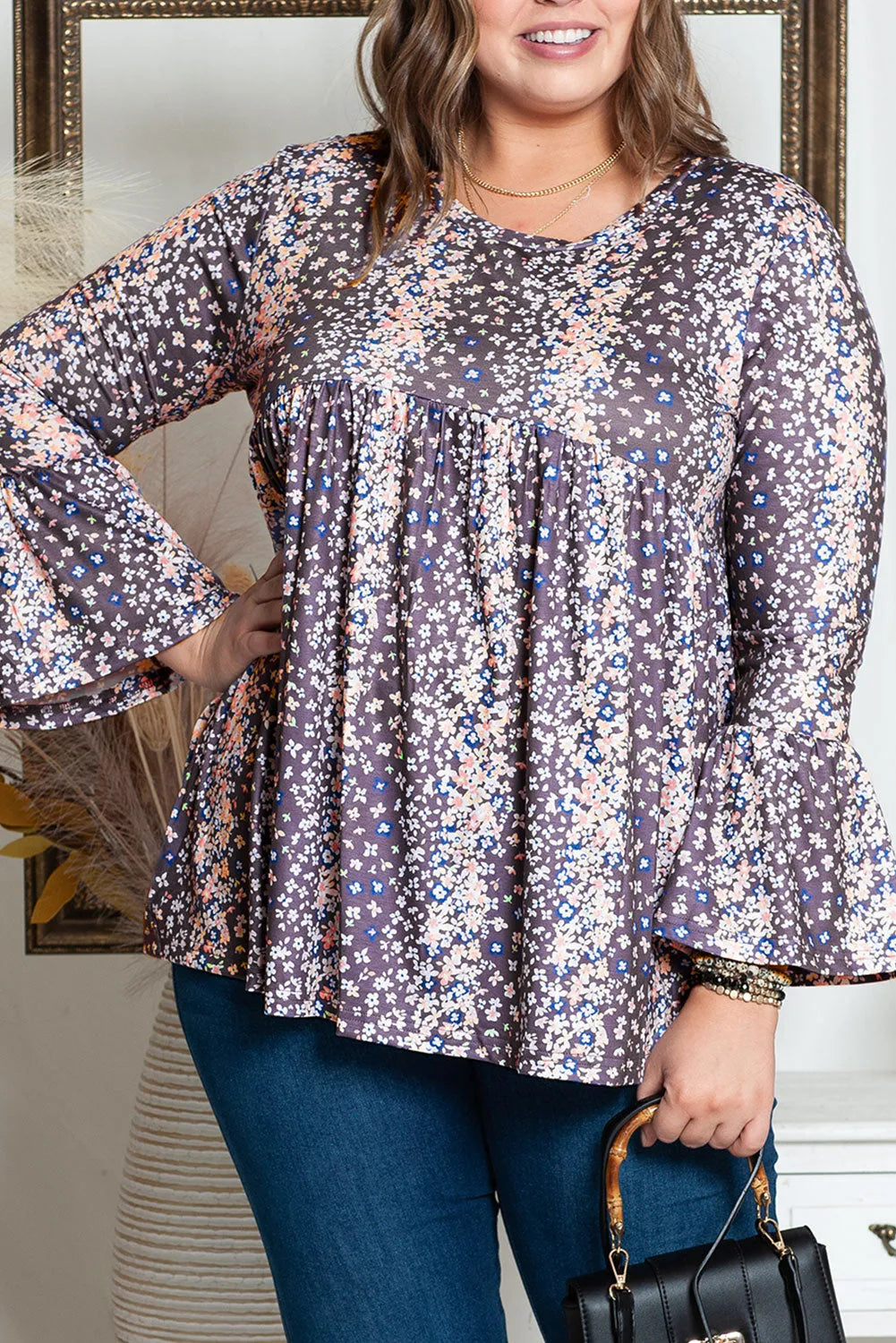 Purple Floral Print Round Neck Plus Size Babydoll Blouse - Chic Meadow Boutique 