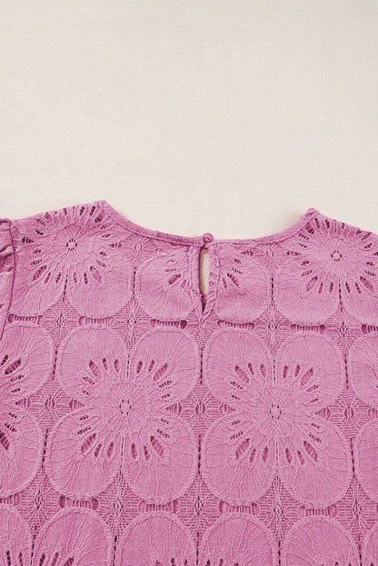 Bright Pink Flower Eyelet Jacquard Keyhole Flounce Sleeve Top - Chic Meadow Boutique 