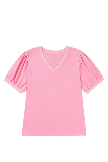 Bonbon V Neck Pleated Short Puff Sleeve Plus Size Blouse