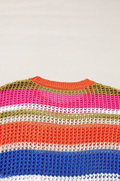 Orange Stripe Colorblock Hollowed Crochet 3/4 Sleeve Sweater - Chic Meadow Boutique 