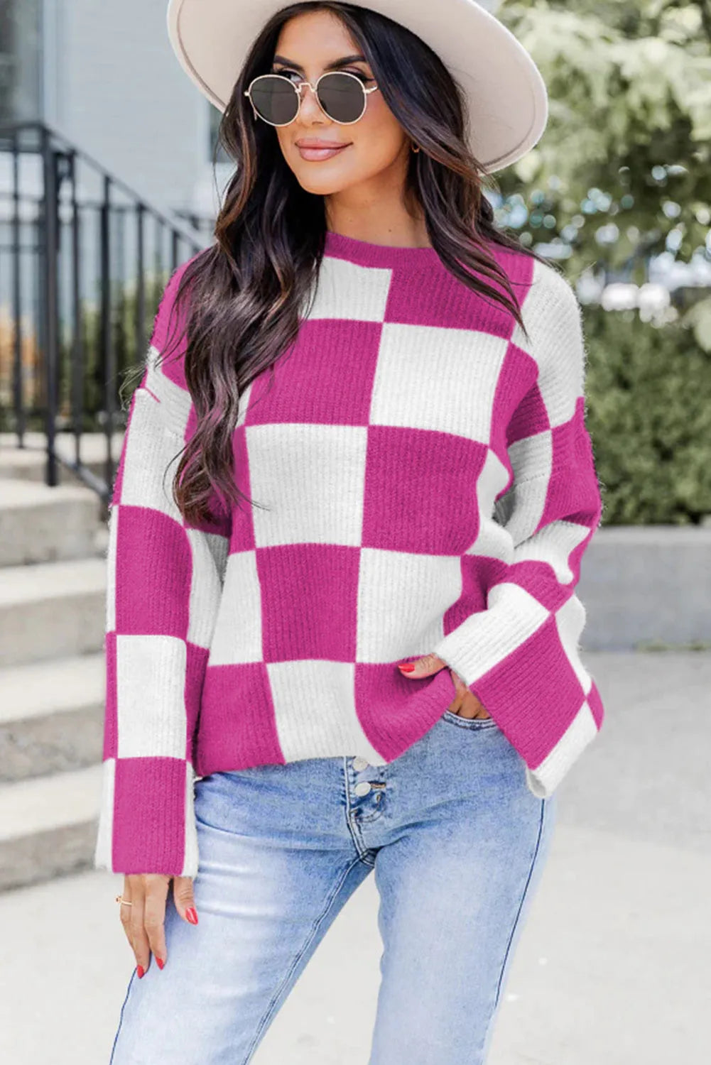 Bright Pink Checkered Round Neck Baggy Sweater - Chic Meadow Boutique 