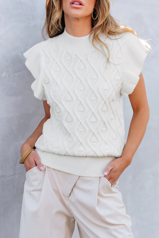 White Textured Ruffled Mock Neck Knitted Vest - Chic Meadow Boutique 