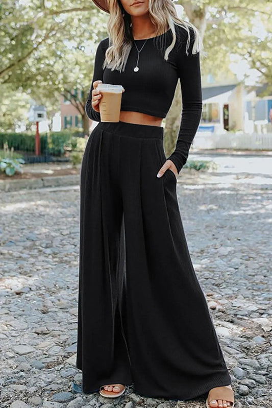 Black Solid Color Ribbed Crop Top Long Pants Set - Chic Meadow Boutique 