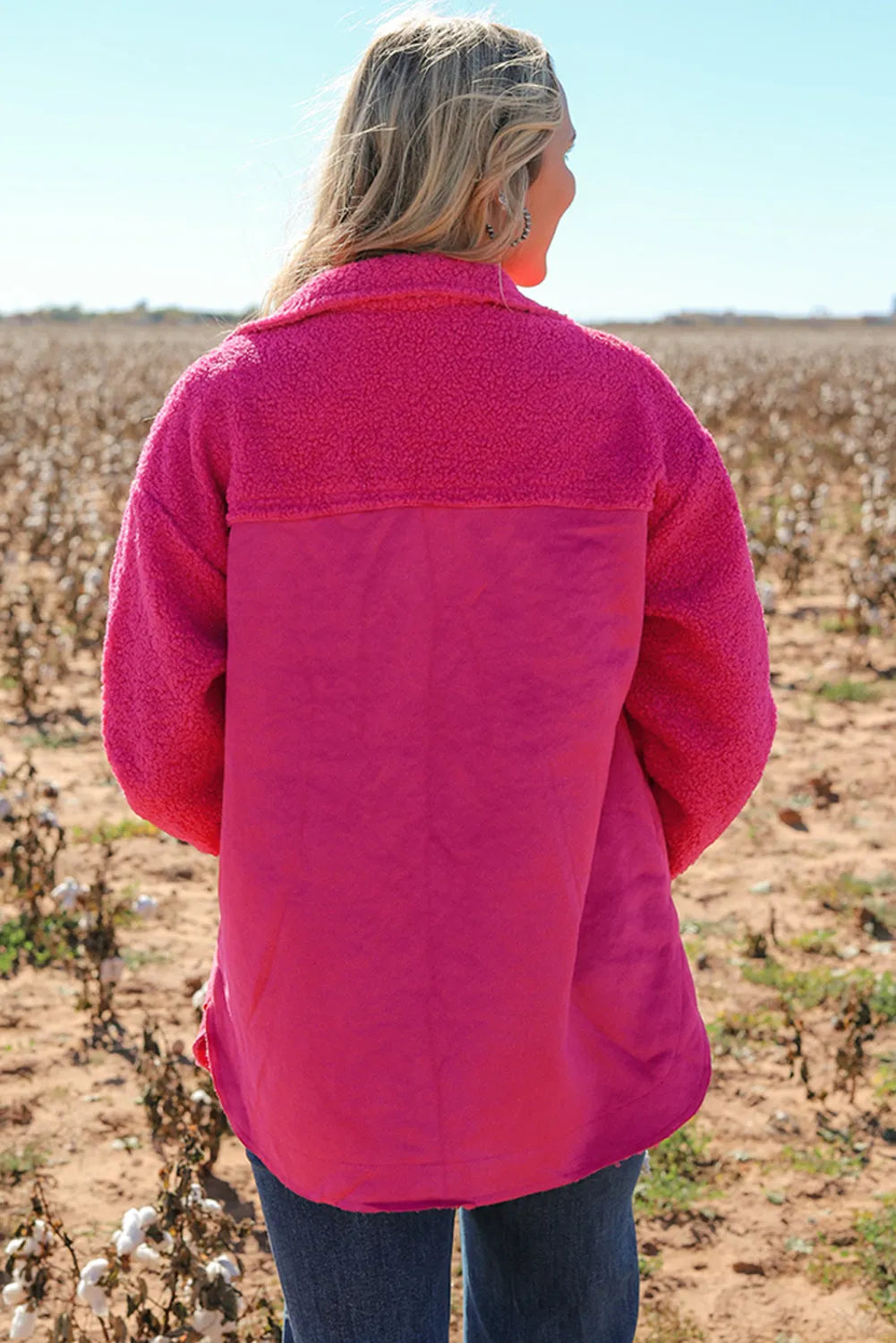 Bright Pink Faux Suede Sherpa Patchwork Button-up Shacket - Chic Meadow Boutique 