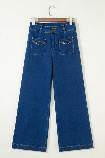 Sail Blue Hardware Decor Patched Pockets Wide Leg Denim Pants