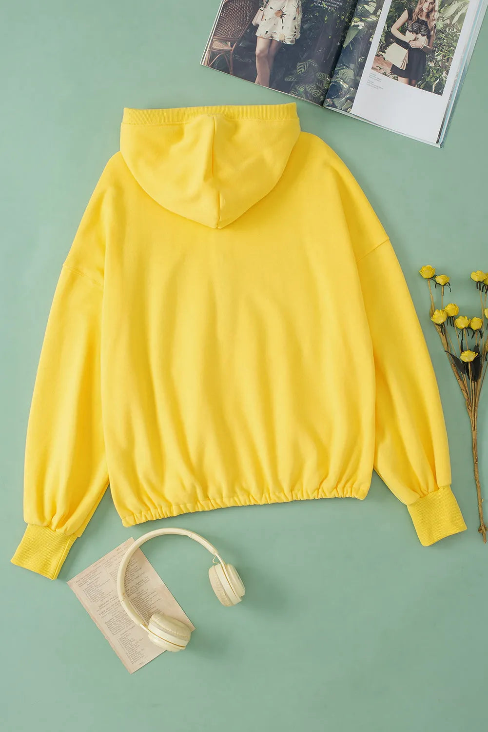 Yellow Ribbed Trim Kangaroo Pocket Zipped Hoodie - Chic Meadow Boutique 