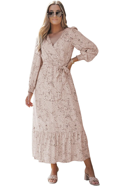 Leopard Surplice Neck Bubble Sleeve Maxi Dress with Sash - Chic Meadow Boutique 