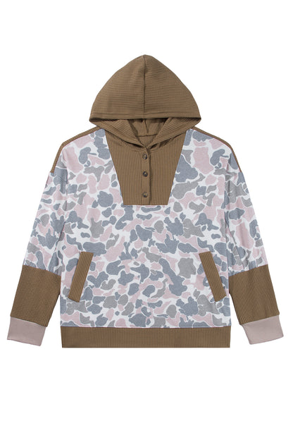Khaki Camouflage Print Waffle Knit Patchwork Half Zip Plus Size Hoodie
