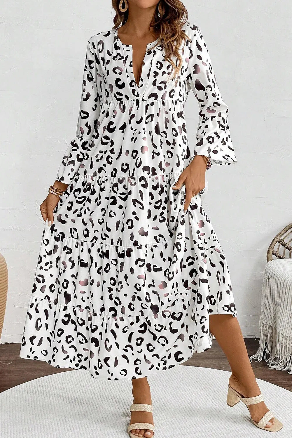 White Leopard Print Notch V Neck Loose Fit Maxi Dress - Chic Meadow Boutique 