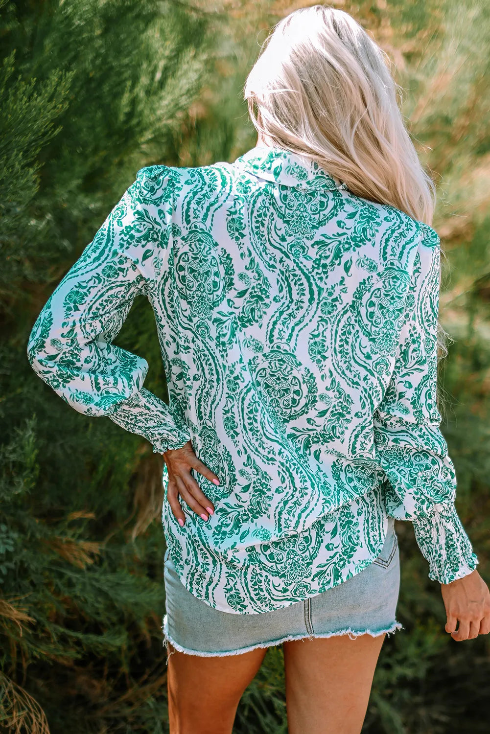 Green Paisley Print Smocked Cuff Buttoned Loose Shirt - Chic Meadow Boutique 