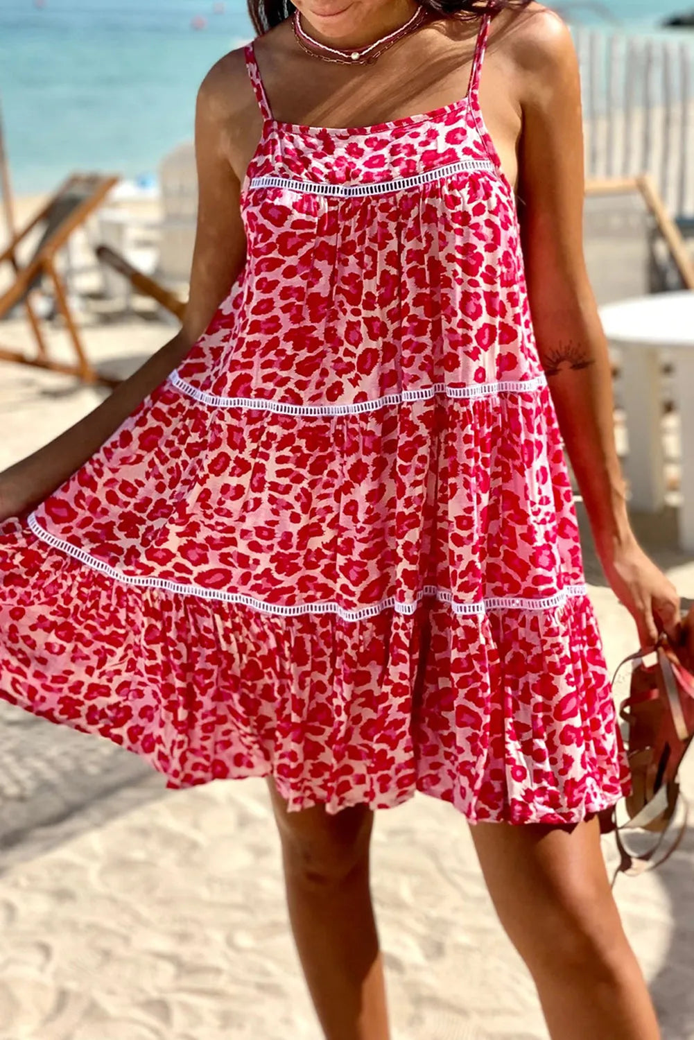 Rose Leopard Print Lace Trim Flared Sundress - Chic Meadow Boutique 