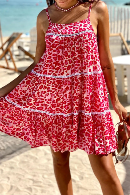 Rose Leopard Print Lace Trim Flared Sundress - Chic Meadow Boutique 