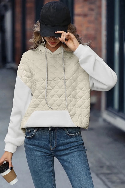 Beige Drop Shoulder Quilted Patchwork Kangaroo Pocket Hoodie - Chic Meadow Boutique 