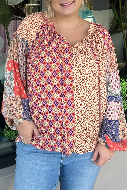 Orange Floral Geometric Patchwork Lace-up Crewneck Plus Size Blouse