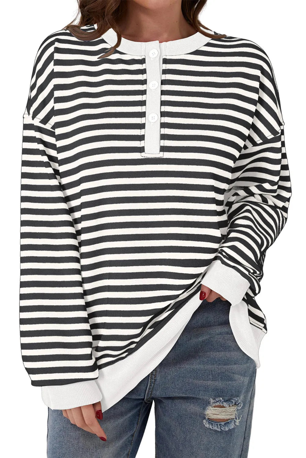 White Stripe Color Block Buttoned Crew Neck Oversized Sweatshirt - Chic Meadow Boutique 